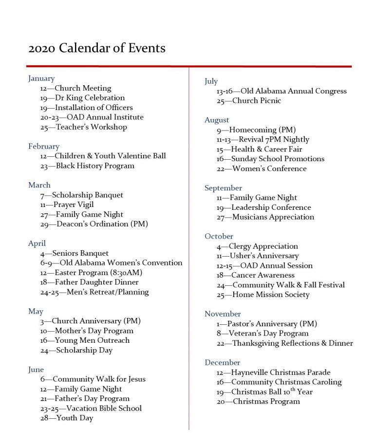 Mt. Moriah Baptist Church 2 Church Yearly Calendar